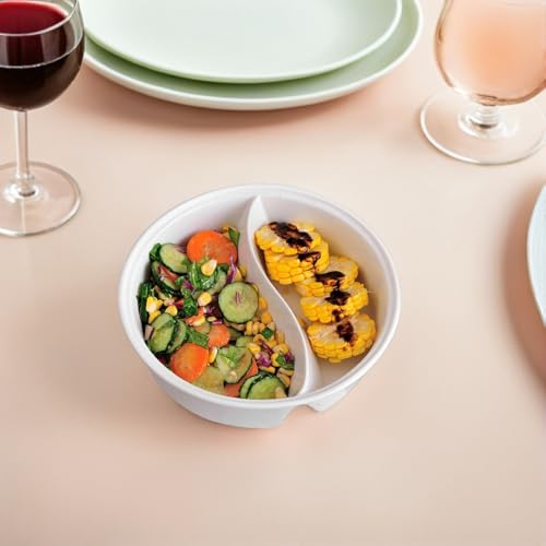 Cabilock Ceramic Divided Bowl, 40oz 2-Section Bowl with Side Compartment for Ramen, Soup, Salad, Noodles and Snacks, White, Microwave and Dishwasher Safe