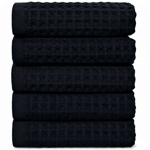 Jacquotha Black Waffle Cotton Hand Towel Set of 5 | Quick Dry, Low Lint Towels for Bathroom, Kitchen & Daily Life, 13" x 29" - color: Black