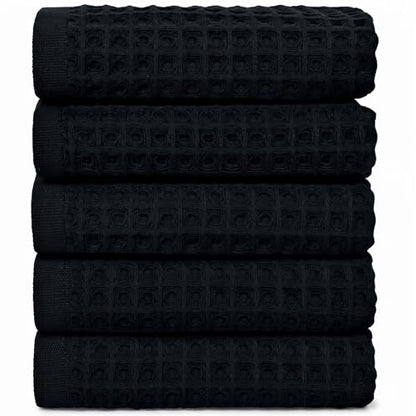 Jacquotha Black Waffle Cotton Hand Towel Set of 5 | Quick Dry, Low Lint Towels for Bathroom, Kitchen & Daily Life, 13" x 29" - color: Black
