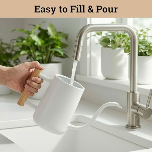 Metal Small Indoor Watering Can with Long Spout & Real Wood Handle, 35oz | Long Spout, Stainless Steel, Real Wood Handle, Gentle Flow, No Spills, Suitable for House Plants, Succulents & Seedlings - color: White