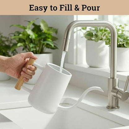 Metal Small Indoor Watering Can with Long Spout & Real Wood Handle, 35oz | Long Spout, Stainless Steel, Real Wood Handle, Gentle Flow, No Spills, Suitable for House Plants, Succulents & Seedlings - color: White