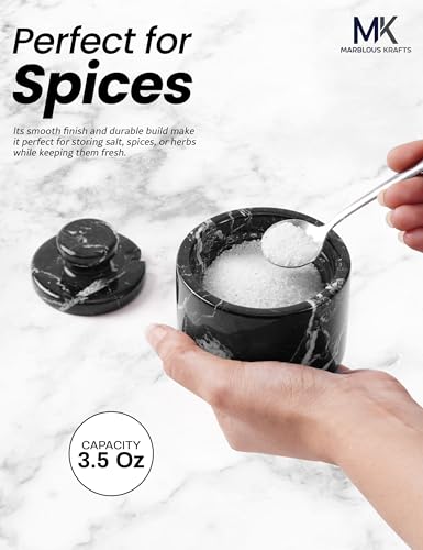 Marble Salt Cellar with Lid and Spoon 3" Black Zebra Flaky Salt, Seasoning Containers, Ideal Small Spices, Sugar Jars, kitchen accessories - color: Black