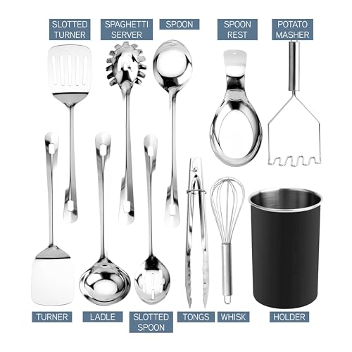 COOK WITH COLOR Kitchen Utensil Set - premium Nonstick & Heat Resistant Kitchen Gadgets, Turner, Spaghetti Server, Serving Spoons, Whisk, Tongs, Masher & Utensil Holder, 10-piece Black - color: Black