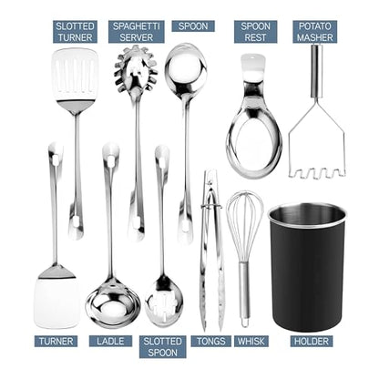 COOK WITH COLOR Kitchen Utensil Set - premium Nonstick & Heat Resistant Kitchen Gadgets, Turner, Spaghetti Server, Serving Spoons, Whisk, Tongs, Masher & Utensil Holder, 10-piece Black - color: Black
