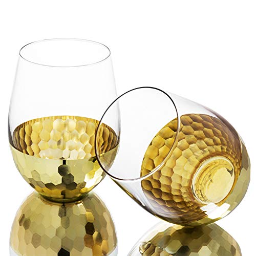 MyGift Modern Stemless Champagne Flute Glass Set of 4 Party Drinkware, Cocktails Prosecco Mimosa Glasses with Hammered Brass Plated Bottoms (Brass-Short) - color: Brass-Short