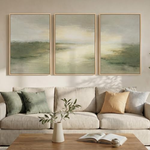 Large Framed Sage Green Abstract Landscape Wall Art for Living Room, 24x36 | Green nature pictures, Canvas print, Wood frame, 3 piece paintings, Modern rustic artwork, Wall decor for bedroom dining room - color: Geen B, size: 24" W x 36" H x 3pcs
