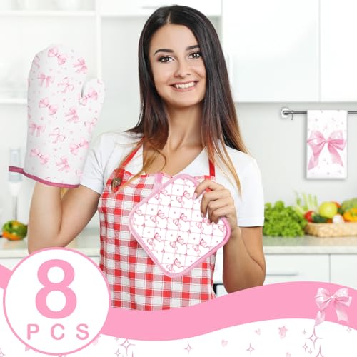 Teenyyou 8 Pcs Pink Bows Kitchen Towels Pot Holders and Oven Mitt Set Coquette Kitchen Accessories 4 Dish Towels 2 Absorbent Square Potholders 2 Heat Resistant Glove for Cooking Baking Home Gifting - style: Bow