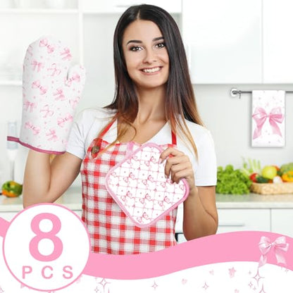Teenyyou 8 Pcs Pink Bows Kitchen Towels Pot Holders and Oven Mitt Set Coquette Kitchen Accessories 4 Dish Towels 2 Absorbent Square Potholders 2 Heat Resistant Glove for Cooking Baking Home Gifting - style: Bow