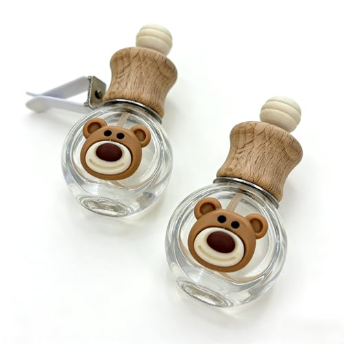 2 Pack Bear Refillable Car Vent Clip Diffuser Empty Glass Bottle | Wood lid aroma bottle with dropper, holds essential oils for car wardrobe home bathroom use - size: Bear-A1 - 2PCS