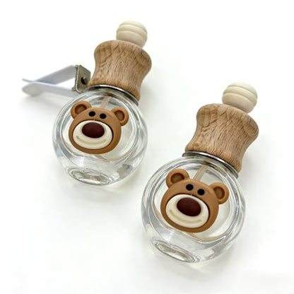 2 Pack Bear Refillable Car Vent Clip Diffuser Empty Glass Bottle | Wood lid aroma bottle with dropper, holds essential oils for car wardrobe home bathroom use - size: Bear-A1 - 2PCS