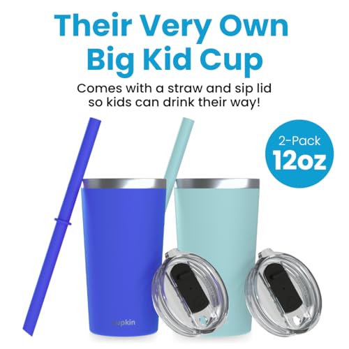 CUPKIN Toddler Tumblers, The Original 12 oz Stackable Stainless Steel Cups, Set of 2 Powder Coated Insulated Kids Water Bottle Alternative + BPA Free Lids + Reusable Silicone Straws (Cobalt + Mint) - color: Cobalt + Mint, size: 12 Fl Oz (Pack of 2)