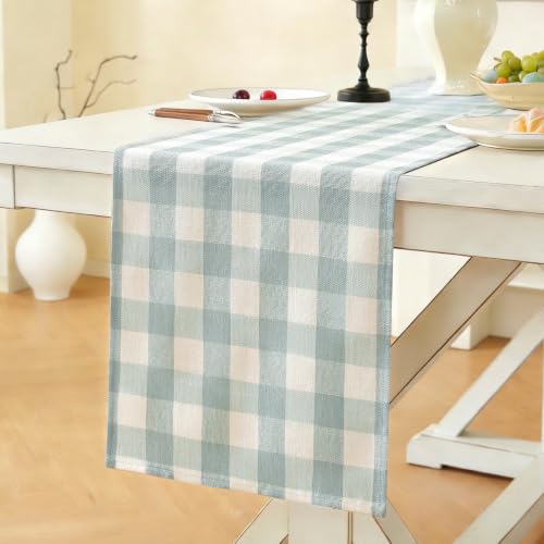 Laolitou Spring Blue Checkered Table Runner, Cotton Linen Gingham Easter Table Runners, Classic Buffalo Plaid Farmhouse Table Decor, 13x90 Inches - color: Blue, size: 90" x 13" (Rectangular)