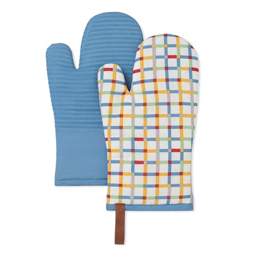 Folkulture Oven Gloves, Oven Mitts with Hanging Loop - Set of 2 (12"x5.5") | Cute, Checkered Colorful, 100% Cotton, Silicone, Heat Resistant, Cooking Gifts for Women, BBQ, Baking, Kitchen Décor - color: Urban Grid