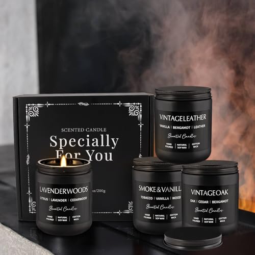 WPONSZU 4Psc Scented Candles Set,7oz Gifts for Men Aromatherapy,Soy Candle of Smokeless - Leather & Smoke, Vanilla Oakmoss, Lavender - Relaxing Fragrance for Home, Office, Yoga(Black) - color: 4Pack-Black