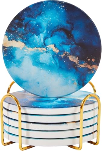 Ceramic Marble Coasters Set of 6, Absorbent Drink Coasters for Table | Colorful moisture-absorbing marble stone coasters; coffee table decor, cute alternative to cork, silicone or glass - color: Sapphire