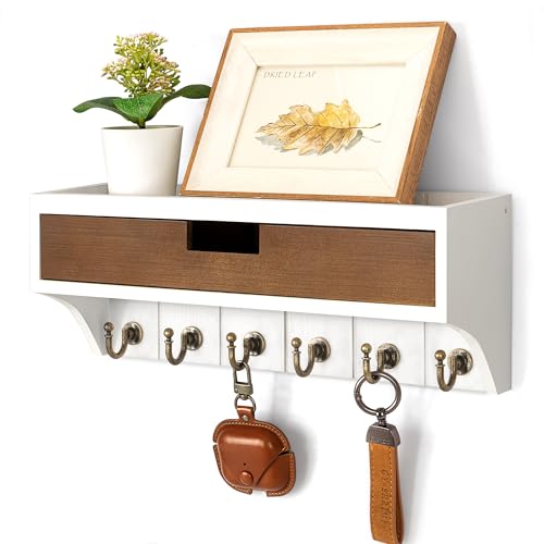 Rebee Vision Key Holder Wall Mount Room Decor, White & Retro Brown | Key Holder for Wall, Mail Organizer, 6 Key Hooks, Drawer Organizer, Wall Shelf, Home Organization, Apartment Essentials - color: White & Brown, style: 1-Drawer