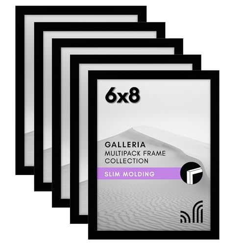 Americanflat 6x8 Picture Frame 5-Pack - Slim Molding - Black | Polished plexiglass front, wall or tabletop display with included easel, triangle hangers included, secure turn-tab backing - color: Black, size: 6x8