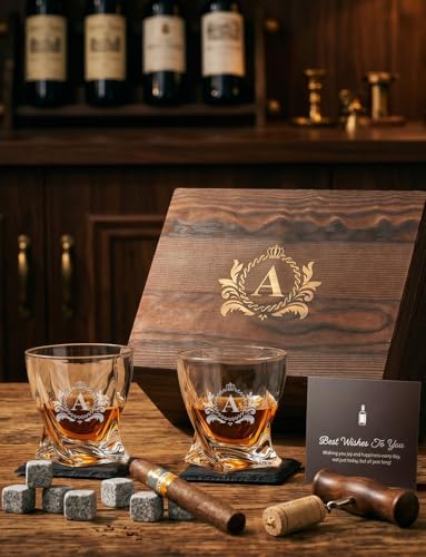 Personalized Whisky Glasses Set of 14 , Gift for Men Husband (Initials D) | (2 Crystal Glasses, 2 Coasters, 8 Ice Molds, 1 Tong, 1 Gift Box), 10oz Tumblers for Bourbon Scotch Cocktails, Gifts for Him
