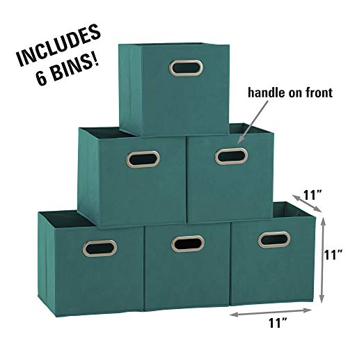 Household Essentials 83-1 Foldable Fabric Storage Bins | Set of 6 Cubby Cubes with Handles | Aqua (Pack of 6) - color: Teal, size: 11” L x 11” W x 11” H (Pack of 6)