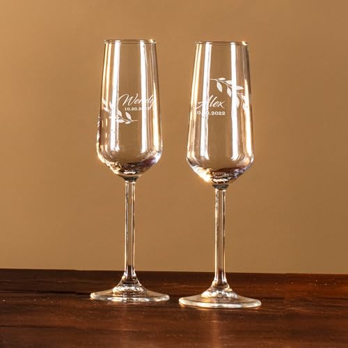 Personalized Champagne Flutes with Names – Minimal Laurel Design Engraved Wedding Glasses, Custom Name & Date Champagne Flute, Wedding Toast Glasses (Champagne Flutes-D6) - color: Champagne Flutes-D6