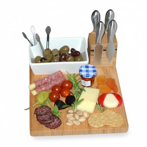 Picnic at Ascot Original Bamboo Cheese Board with Knife Set, Ceramic Bowl & Cocktail Sticks- Designed & Quality Approved in the USA