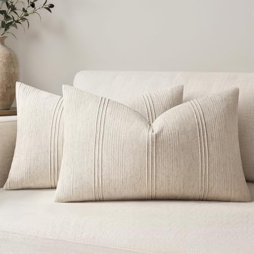 MIULEE Lumbar Striped Throw Pillow Covers 12x20 Beige 2 Pack | Textured Linen Pillow Covers, Farmhouse Cushion Cases for Couch Sofa Bed Livingroom Home Decor - color: Beige, size: 20" x 12" (Pack of 2)