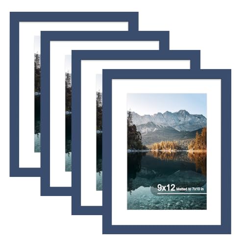 9x12 Picture Frame Set of 4 with Real Glass, Wall & Tabletop Display | Fits 7x10 with Mat or 9x12 without Mat, Crystal-Clear Viewing for Family Photos and Gallery Walls, Blue - color: Blue, size: 9x12 in