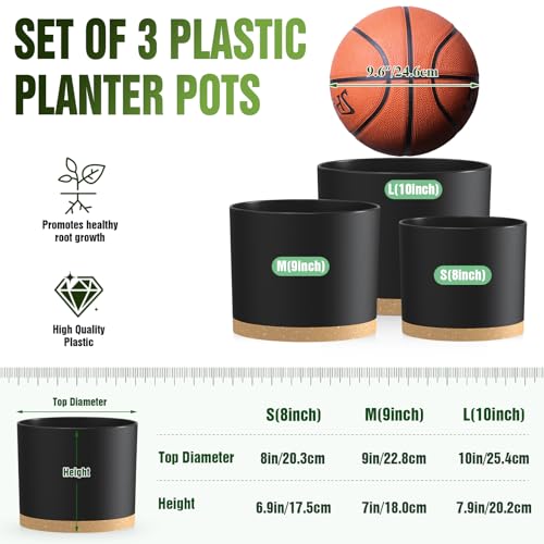 10/9/8 Inch Plant Pots 3 Pack, with Drainage Hole & Saucers | Cylindrical plastic planters with drainage holes & saucers. Modern matte finish, lightweight & durable for indoor/outdoor use - color: Matte Black&brown