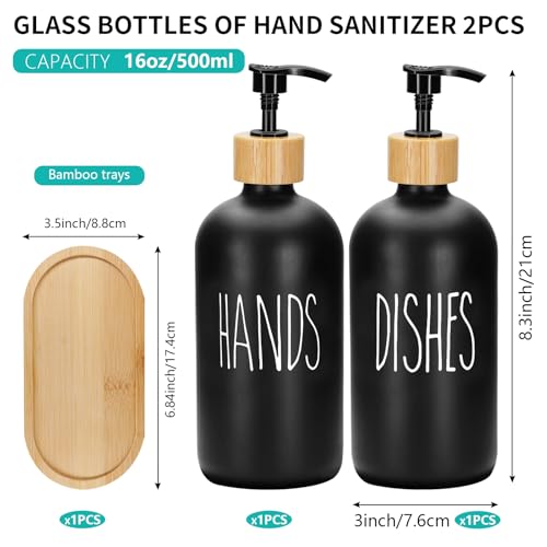 2 Pack 16 Oz Glass Soap Dispenser Set with Tray, Hand Dish Soap Dispenser Set for Bathroom and Kitchen Bottle Dispenser with Dish Soap, Hand Soap, Lotion (Black（Hands） Black (Dishes)) - color: Black（hands）black (Dishes)