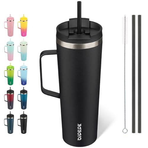 BJPKPK 30oz Insulated Tumbler with Handle, Lid & Straw, Stainless Steel | Double Wall Vacuum Insulated Coffee Travel Mug - Keeps Cold & Hot, BPA Free, Cupholder Fit for Office, Gym & Travel - color: Black, size: 30 Ounces
