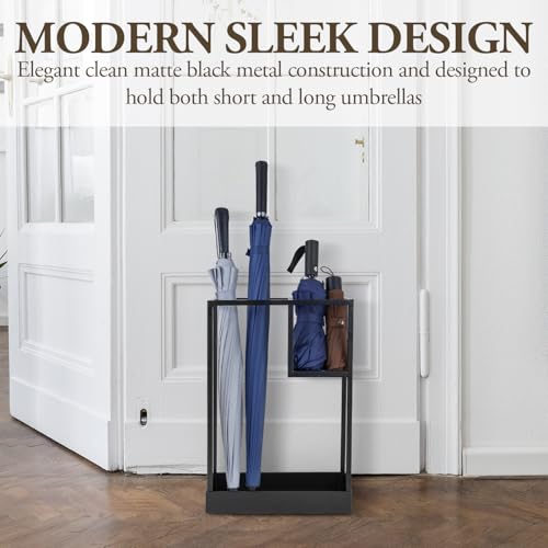 MyGift Modern Black Metal Entryway Umbrella Rack with Geometric Design, 13 x 5-inch Wide Rectangular Freestanding Cane Umbrella Holder with Shelf for Small Umbrellas and Bottom Drip Catch Tray - color: Black, size: 13.4″(Rectangle)