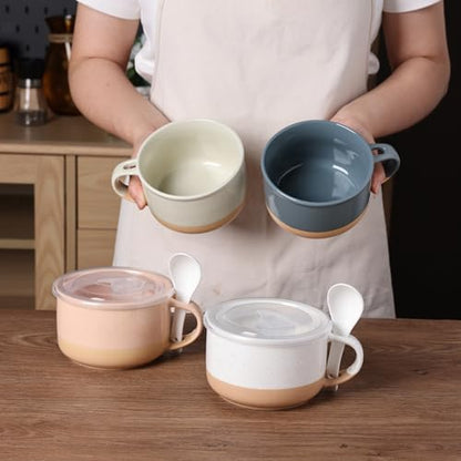 GBhome Ceramic Soup Mugs with Handles and Lids,24 OZ Soup Cups Set of 4 | Terracotta Underside,Mug Bowls with Spoon for Soup/Cereal/Salad/Noodles/Ramen/Microware &Dishwasher Safe-Grey&Beige - color: Grey&Beige