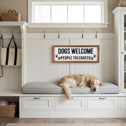 Ripeng 3D Dogs Welcome People Tolerated Sign Wooden Entryway Hallway Decor, Funny Dog Lovers Gift, Above Door Modern Boho Plaque Farmhouse Wall Art for Family Living Room Bedroom, 15.7" x 5.9" - style: Dogs Welcome People Tolerated