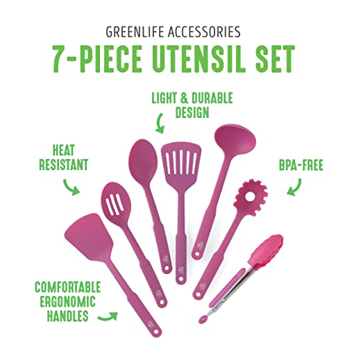 GreenLife Cooking Tools and Utensils, 7 Piece Nylon Set including Spatulas Turner Spoons and Tongs, Dishwasher Safe, Bright Pink - color: Bright Pink