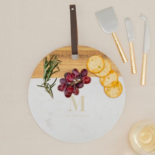 Weddingstar Custom Engraved Circular Wooden Acacia Plank & Marble Cutting Board Serving Tray - Serif Monogram - style: Serif Monogram
