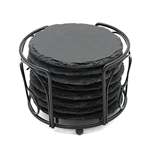 8 Pack 4 Inch Round Black Slate Coasters Set with Storage Holder | Natural Slate Stone Coasters, Laser Engraving Blanks, Anti-scratch Bottom, DIY Craft, for Office Bar Home Dinner Table Decor - size: 8 Round Coasters