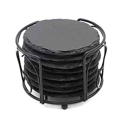8 Pack 4 Inch Round Black Slate Coasters Set with Storage Holder | Natural Slate Stone Coasters, Laser Engraving Blanks, Anti-scratch Bottom, DIY Craft, for Office Bar Home Dinner Table Decor - size: 8 Round Coasters