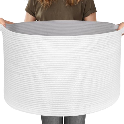 115L White Cotton Rope Storage Basket, 23.6"x15.7" Extra Large Blanket Storage Living Room, XXXL Soft Toy Bin for Organizing, Woven Baby Laundry Basket with Handle, Wicker Hamper Nursery - color: White, size: 23.6"x23.6"x15.7"