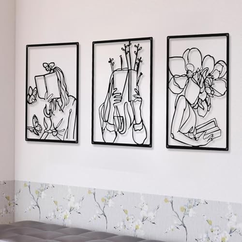 CHENGU 3 Pieces Metal Minimalist Abstract Woman Wall Art Line Drawing Wall Art Decor Single Line Female Home Hanging for Kitchen Bathroom Living Room - style: Reading Style