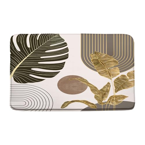 Mid Century Leaves Bath Mat Abstract Modern Plant Geometric Leaf Arch Sun Minimalist Neutral Coffee Beige Bathroom Floor Bathtub Bath Rug，15.7x23.6 Inch - color: Coffee Beige, size: 1'4" x 1'11" (Rectangular)