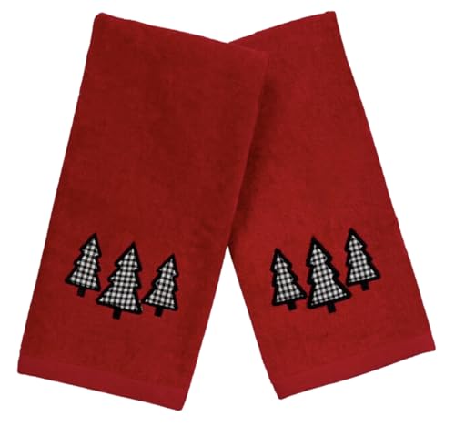 Holiday Christmas Guest Hand Towels: Country Farmhouse Red Terrycloth Towels with Check Tree Applique - color: Farmhouse Holiday
