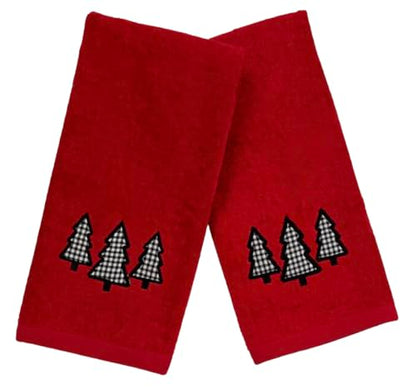 Holiday Christmas Guest Hand Towels: Country Farmhouse Red Terrycloth Towels with Check Tree Applique - color: Farmhouse Holiday