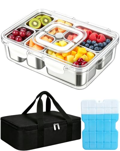 Snackle Box Container, Stainless Steel Divided Serving Tray with Lid and Handle,Large Snack Tray for Fruit Veggie, 6-Compartment Snack Platter for Travel Party Beach Picnic,with Ice Pack(Silver White) - color: Silver White, size: 6 Compartment (13.38"L x