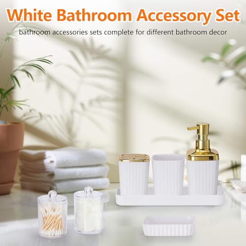 9 PCS White Bathroom Accessories Set with Trash Can Bathroom Accessory | All-in-One Kit with Trash Can,Toothbrush Holder,Soap Dispenser,Toothbrush Cup,Vanity Tray,Soap Dish,Toilet Brush etc for Home - color: White