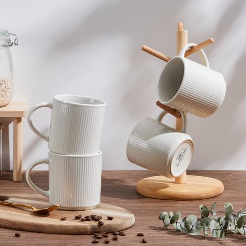 E-far Coffee Mugs Set of 4, 12 oz Stoneware Coffee Cups with Handle for Latte, Tea, Cocoa, Milk, Modern Ribbed Ceramic Mugs for Man Woman, Microwave & Dishwasher Safe, Speckled White - color: Speckled White