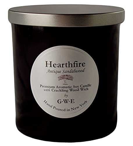 Hearthfire - Sandalwood Scented Soy Candle w/Natural Oils, Wood Wick, Smoky Dark Sweet, Made in The USA in Black Jar - Aromatherapy, Gifts for Housewarming, Birthday, Holidays, Sympathy, Men, Women