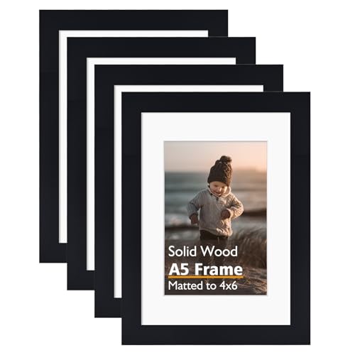 A5 Picture Frame, Black Solid Wood Frames with Acrylic Plexiglass for Pictures 4x6 with Mat or A5 without Mat, Tabletop and Wall Mounting Display 4 Pack - color: Black, size: A5