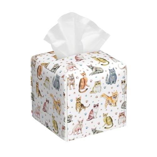 Tissue Box Cover Square,Cute Cats and Paw Tissue Box Holder Waterproof Leather Facial Paper Case Modern Home Decoration for Bedroom Dresser Night Stand Office Desk - color: Color9