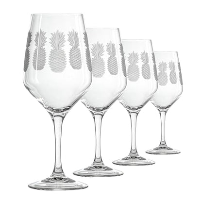 Rolf Glass Fresh Pineapple All Purpose Wine Glass | 19.5oz Stemmed Glass | Lead-Free and Diamond-Wheel Engraved | Tropical Etched Pineapple Design | Coastal Glassware | Set of 4 - color: All Purpose, size: Set of 4