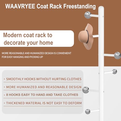 Coat Rack Stand, White Metal Coat Rack Freestanding with 8 Hooks | Coat Rack with Natural Marble Base,Modern Coat Hanger Stand, 3 Adjustable Coat Clothes Tree Stand for Office - color: White-8 Ball Hooks